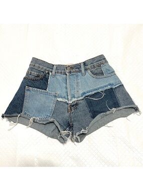 Revice Matchmaker Shorts Patchwork Denim Distressed Cutoffs Festival Size 26